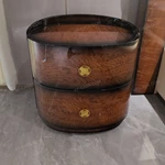 Curved Gradient Natural Wood Veneer Nightstand with Gold Clover Handles